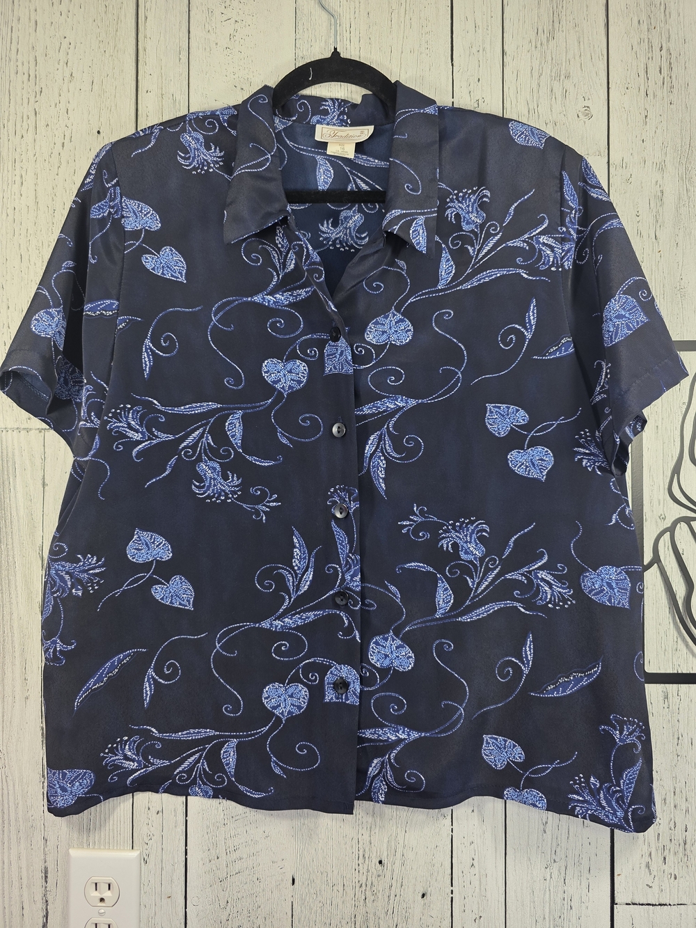 Vintage 1983 Tradition Navy Blue Floral Blouse Shoulder Pads Size 16